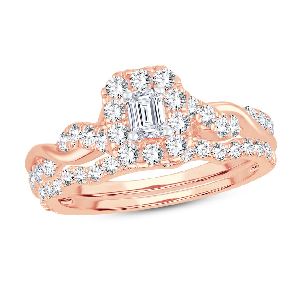 Diamond Bridal Set 1 ct tw Emerald/Round-cut 14K Rose Gold 6pz30qBc