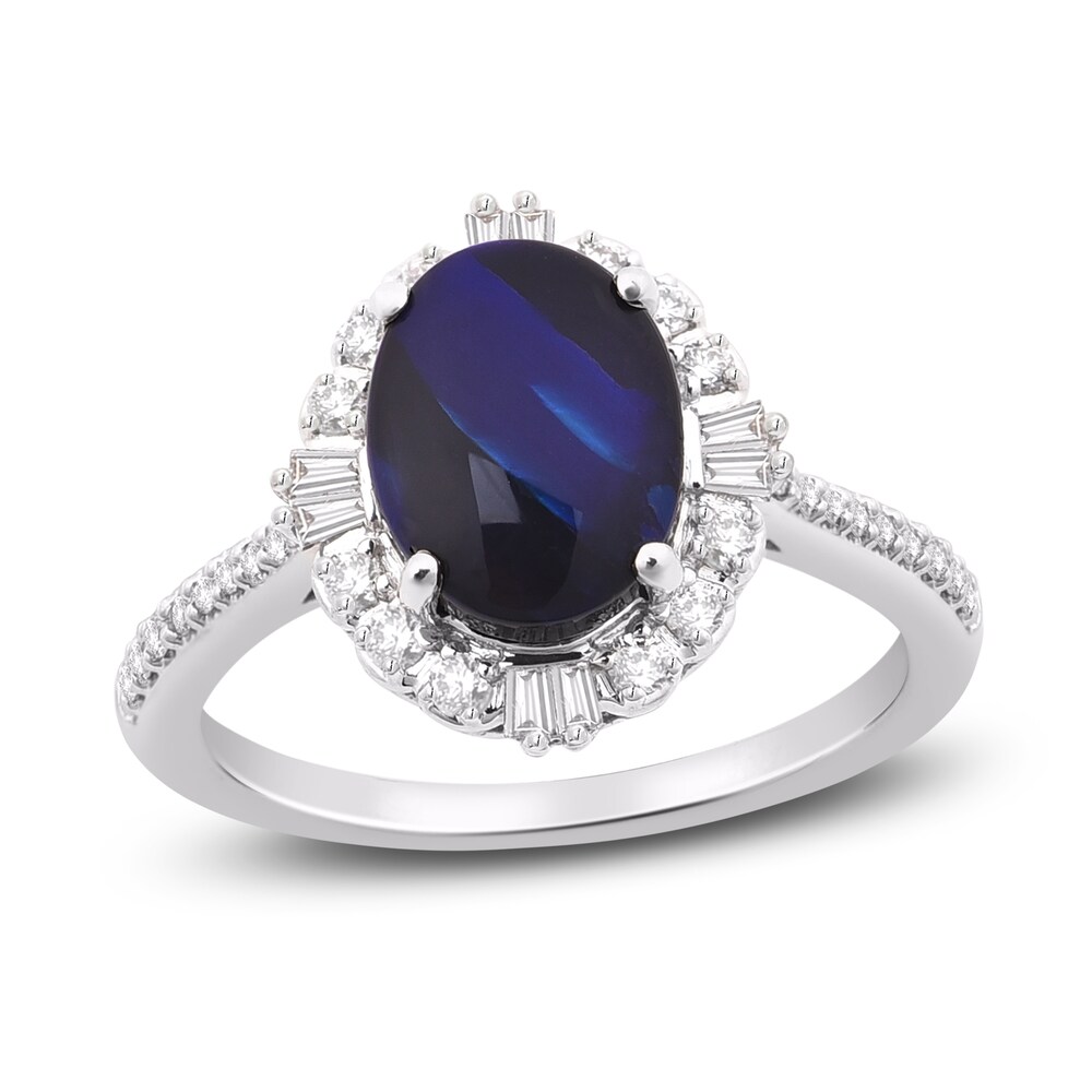 Diamond & Natural Blue Opal Engagement Ring 1/3 ct tw Oval/Round/Baguette 14K White Gold 71GLfqRj