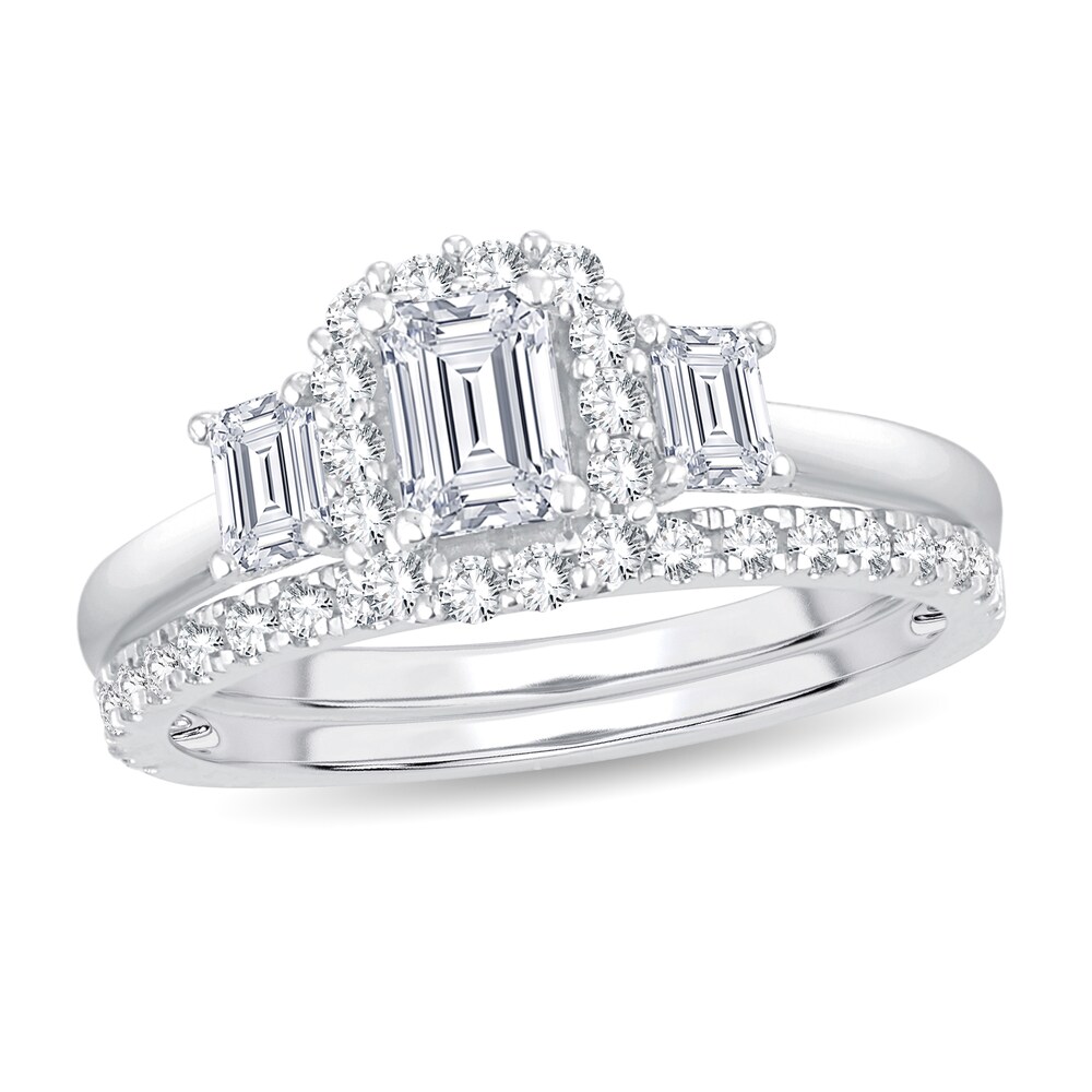 Diamond Bridal Set 1-1/5 ct tw Emerald/Round-cut 14K White Gold 8OvyPaZp