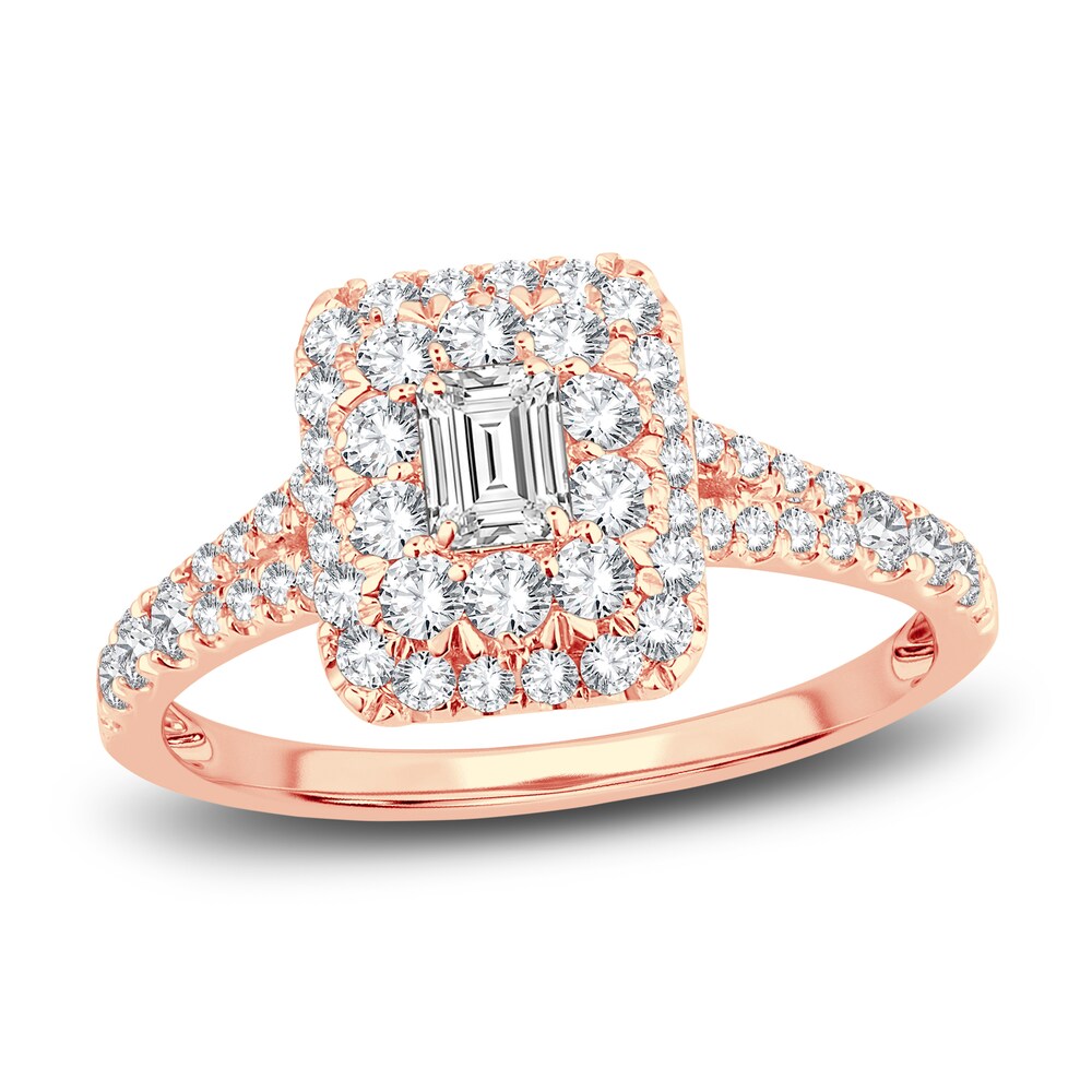 Diamond Double Halo Engagement Ring 1 ct tw Emerald/Round 14K Rose Gold 8sVfCVaK