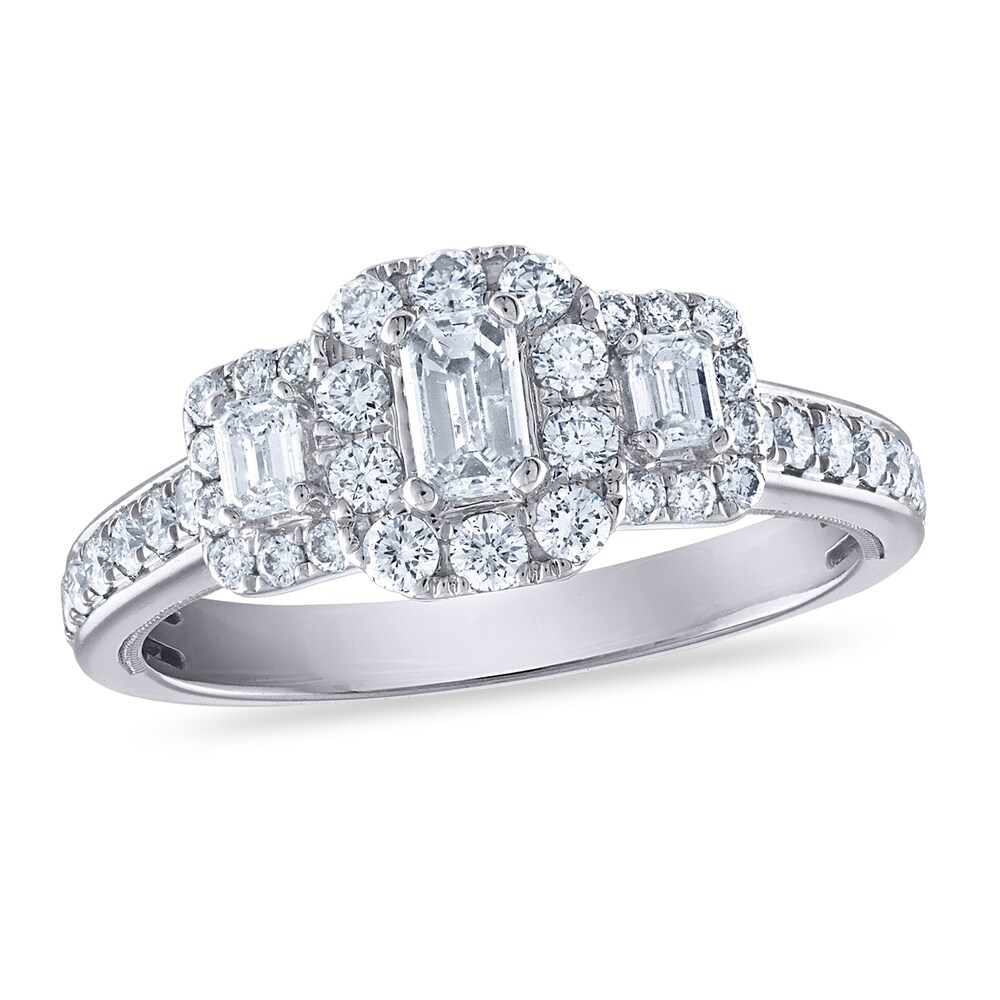 Diamond 3-Stone Engagement Ring 1-1/4 ct tw Round/Emerald 14K White Gold Anpoai6R