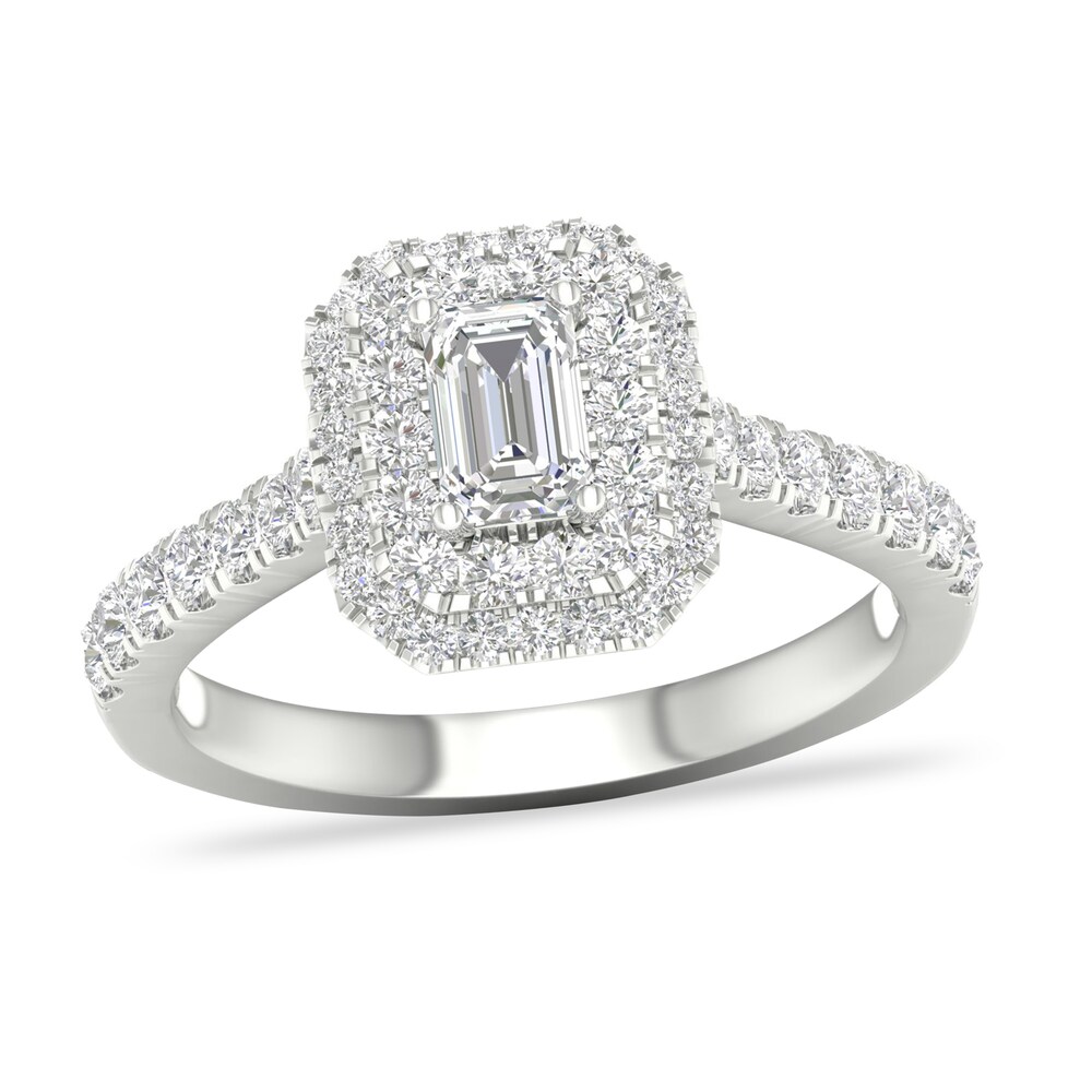 Diamond Ring 1 ct tw Emerald/Round-cut 14K White Gold Defranu8
