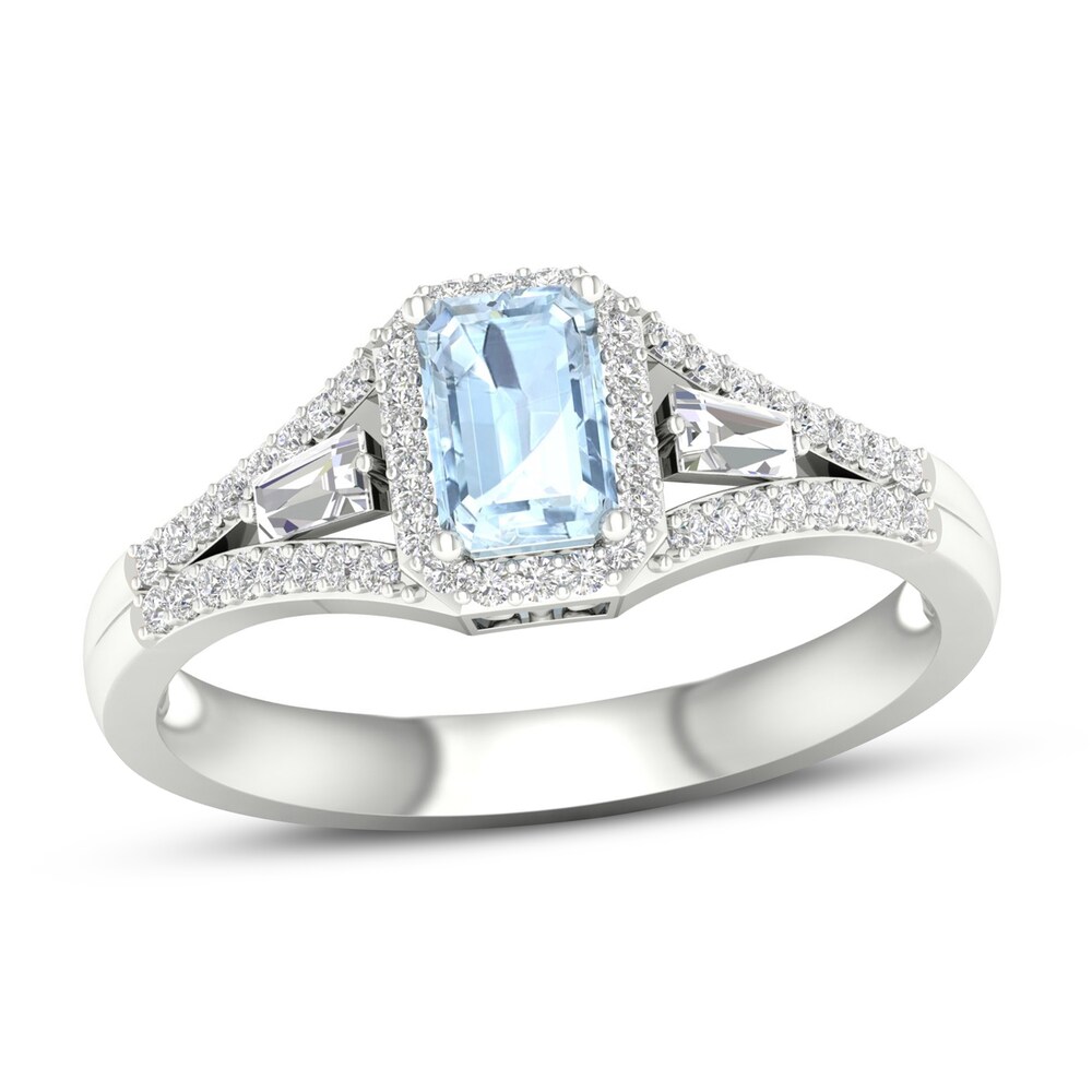 Diamond & Natural Aquamarine Engagement Ring 1/4 ct tw Baguette/Round 14K White Gold EWFn6mVy