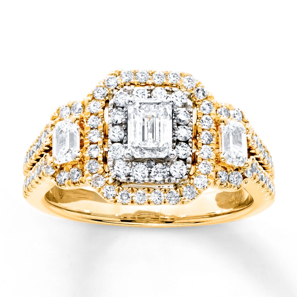Diamond 3-Stone Ring 1-1/2 ct tw Emerald/Round 14K Yellow Gold EcWUAI6y