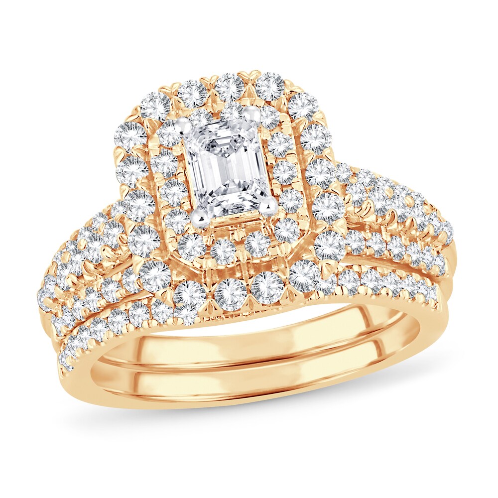 Diamond Bridal Set 1-1/2 ct tw Emerald/Round-cut 14K Yellow Gold Ee8gbSDf