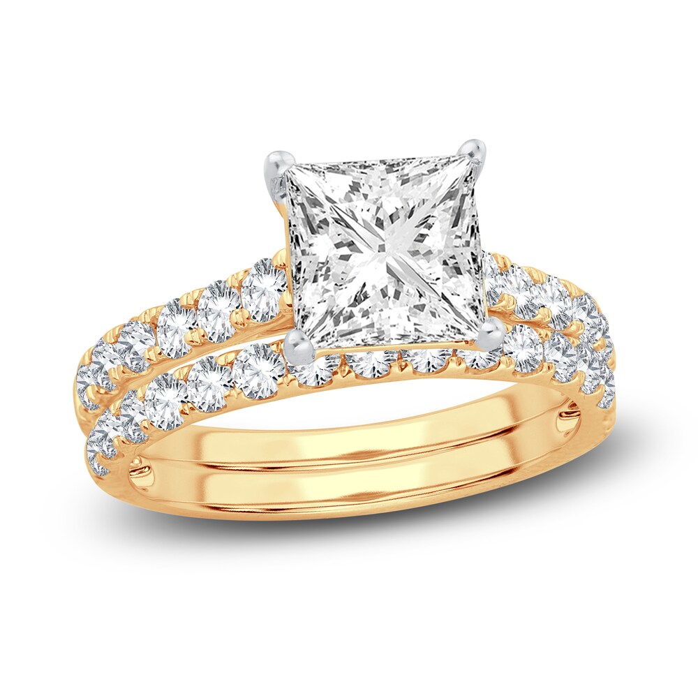 Lab-Created Diamond Bridal Set 3 ct tw Princess/Round 14K Yellow Gold FMr3bBPN
