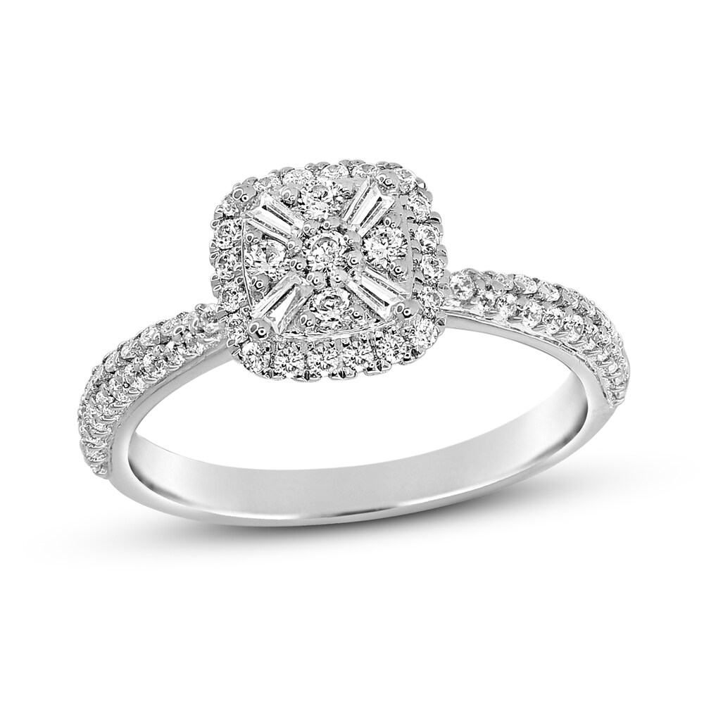 Diamond Engagement Ring 3/4 ct tw Round/Baguette 14K White Gold HkzMa3R0