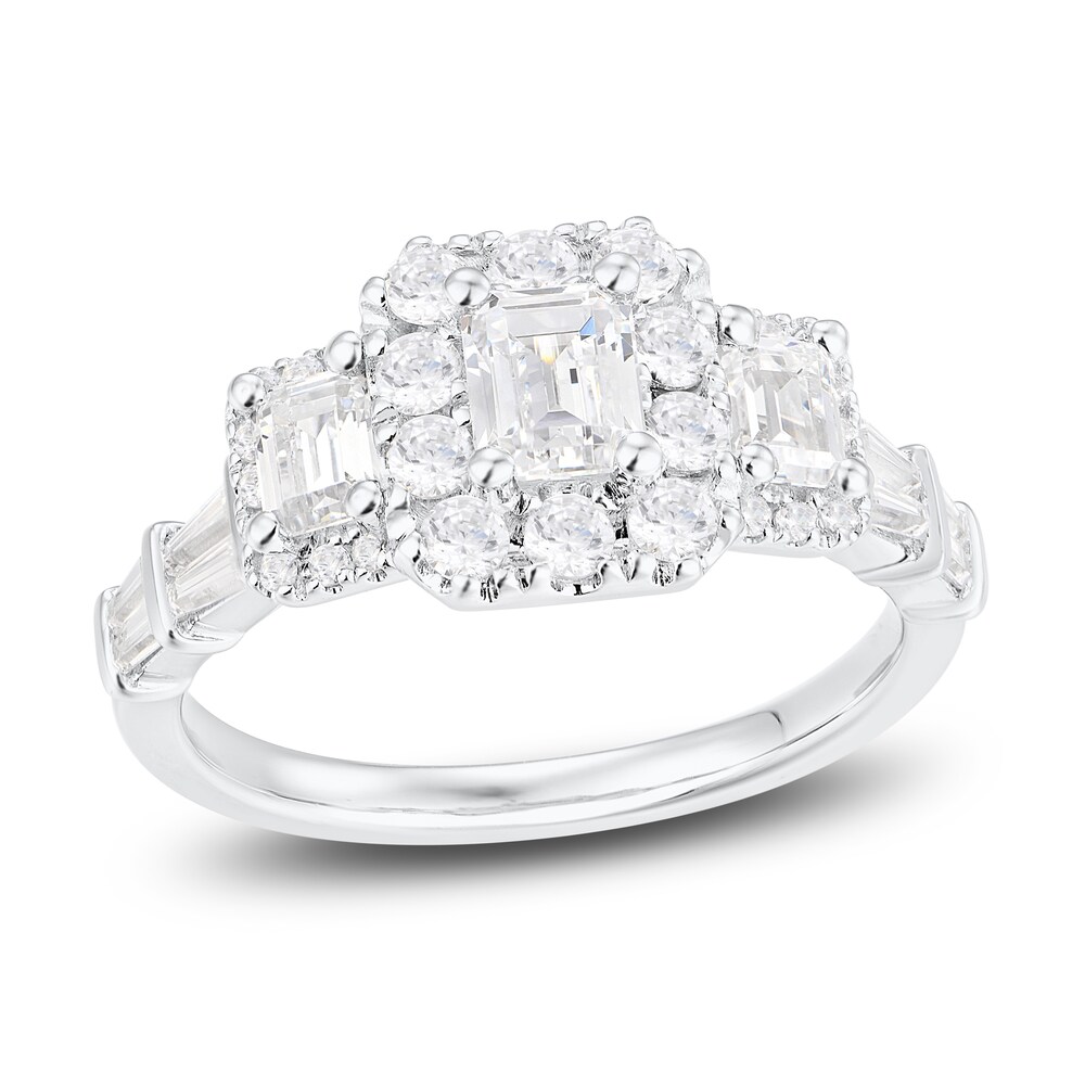 Diamond 3-Stone Engagement Ring 1-1/2 ct tw Emerald/Round/ Baguette 14K White Gold Ji8LqnoP