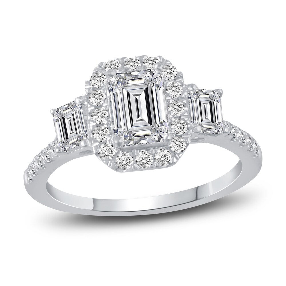 Diamond 3-Stone Engagement Ring 1-1/3 ct tw Emerald/Round 14K White Gold JqzB9IWm