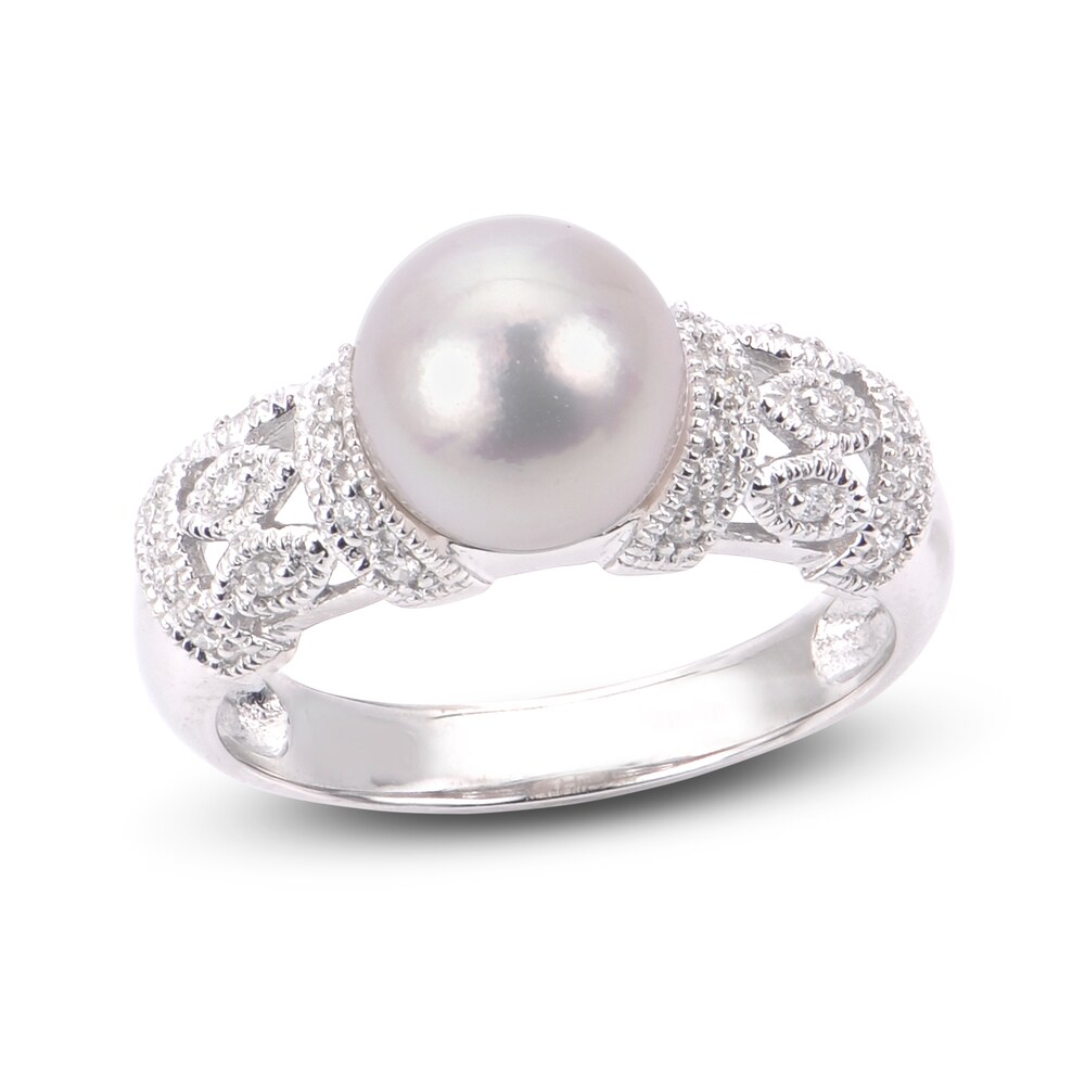 Cultured Akoya Pearl Engagement Ring 1/8 ct wt Diamonds 14K White Gold L1stqL1E