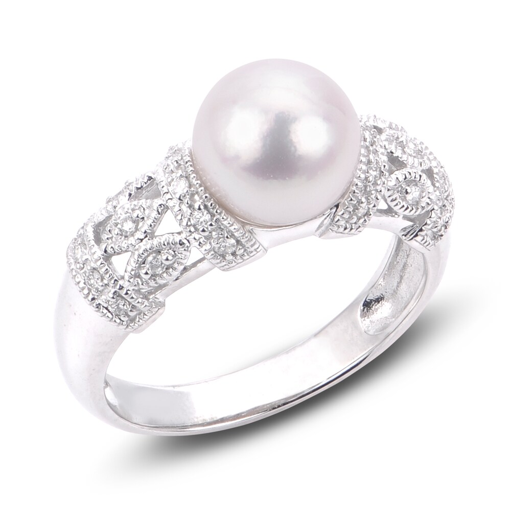 Cultured Akoya Pearl Engagement Ring 1/8 ct wt Diamonds 14K White Gold L1stqL1E
