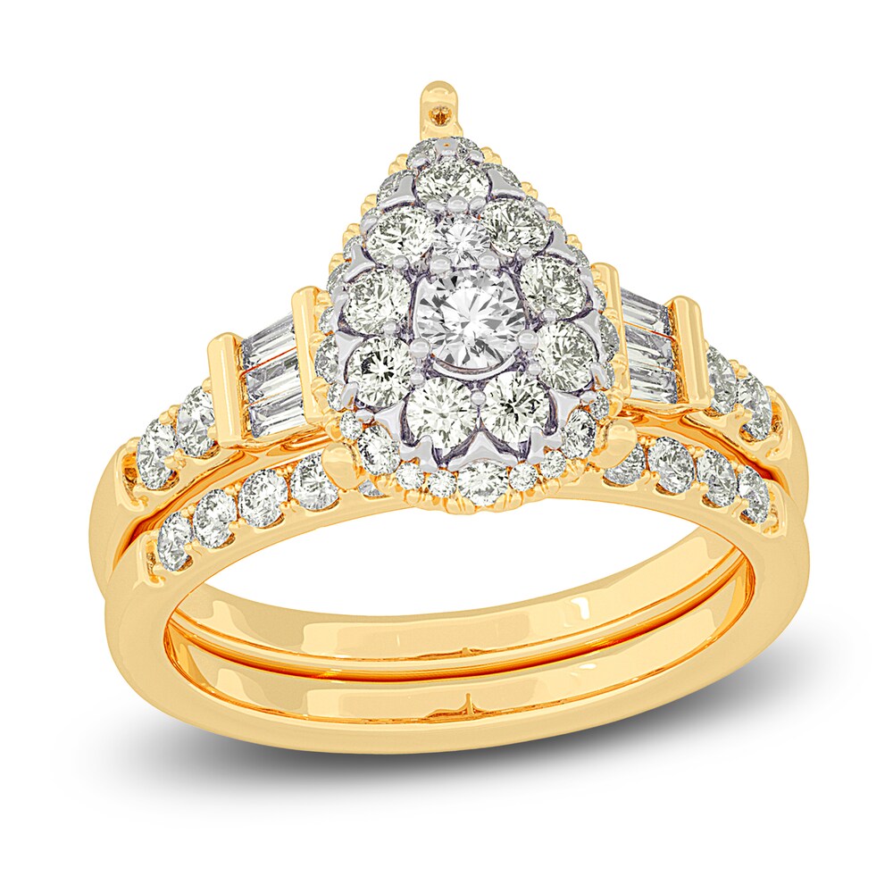 Diamond Halo Bridal Set 1 ct tw Round/Baguette 14K Yellow Gold LwU6Ey1Y