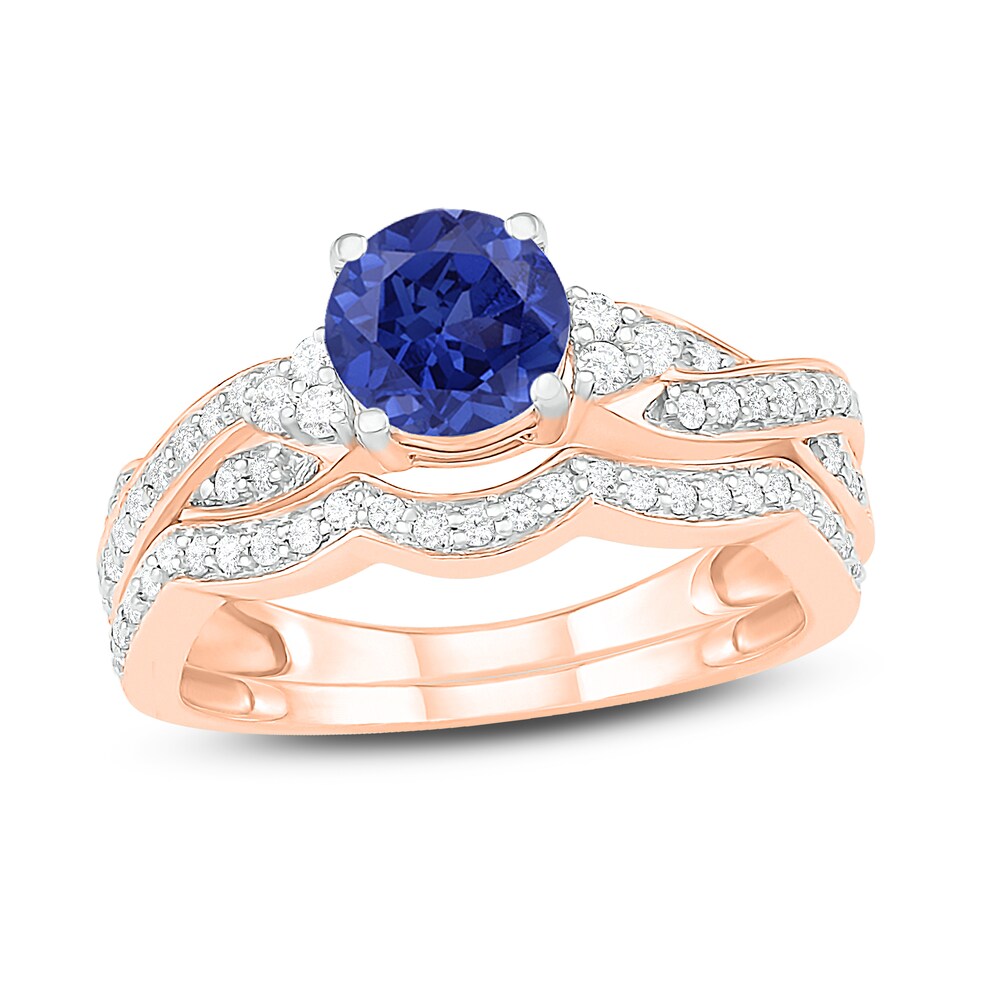 Natural Blue Sapphire Bridal Set 3/8 ct tw Diamonds 14K Rose Gold Nr0C1YVd