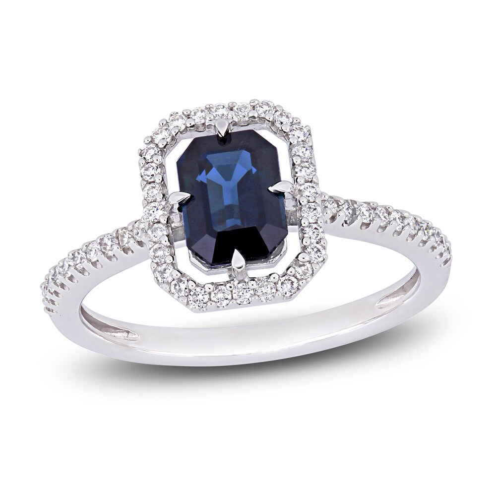 Natural Blue Sapphire Halo Engagement Ring 1/4 ct tw Diamonds 14K White Gold NyMcUfK6