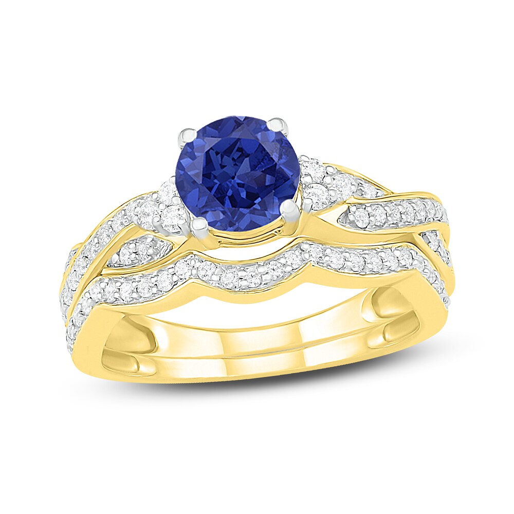 Natural Blue Sapphire Bridal Set 3/8 ct tw Diamonds 14K Yellow Gold O0b6opxn