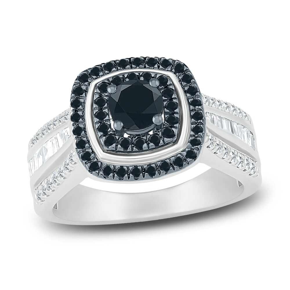 Black Diamond Engagement Ring 1 ct tw Round/Baguette 10K White Gold P0eTFDrN