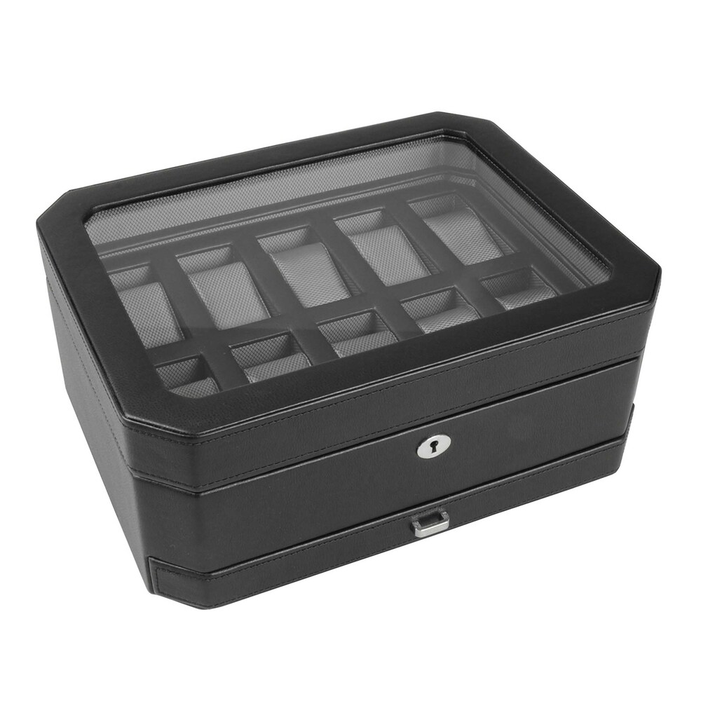 WOLF Windsor 10 Piece Watch Box with Drawer Black Vegan Leather PwVNkF0h