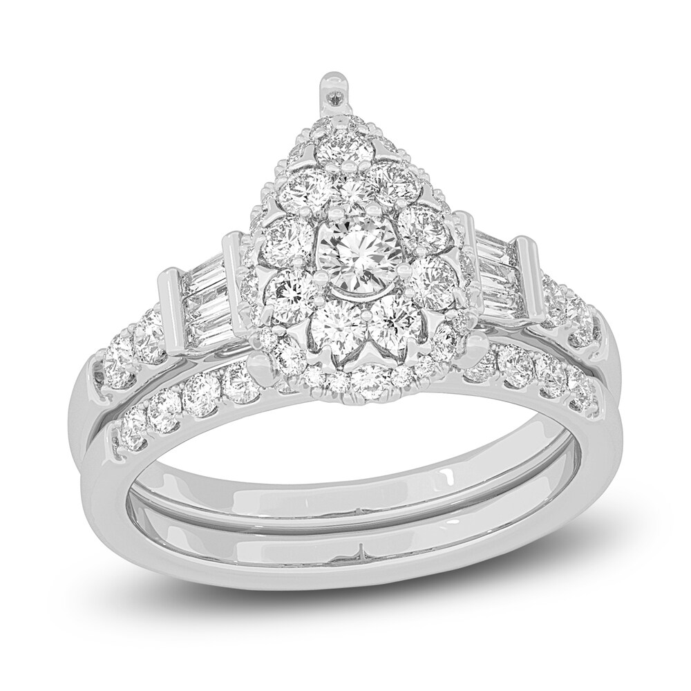 Diamond Halo Bridal Set 1 ct tw Round/Baguette 14K White Gold QJOl5l4j