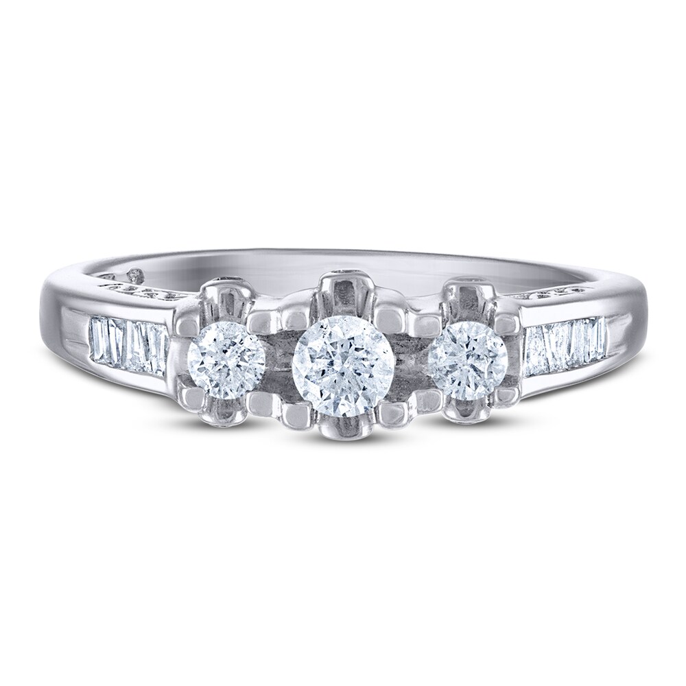 Diamond 3-Stone Engagement Ring 1/2 ct tw Round/Baguette 14K White Gold RtDccv5h