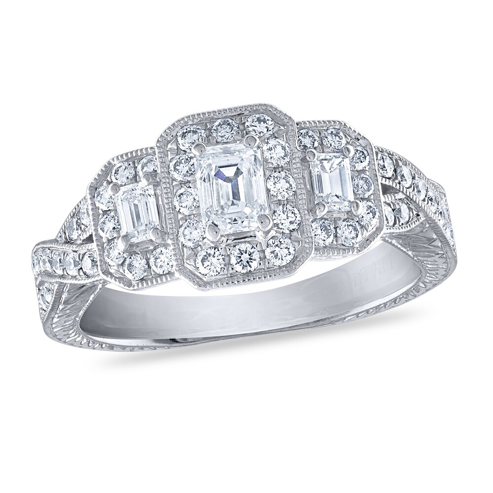 Diamond 3-Stone Engagement Ring 1 ct tw Round/Emerald 14K White Gold Vg08c5lY