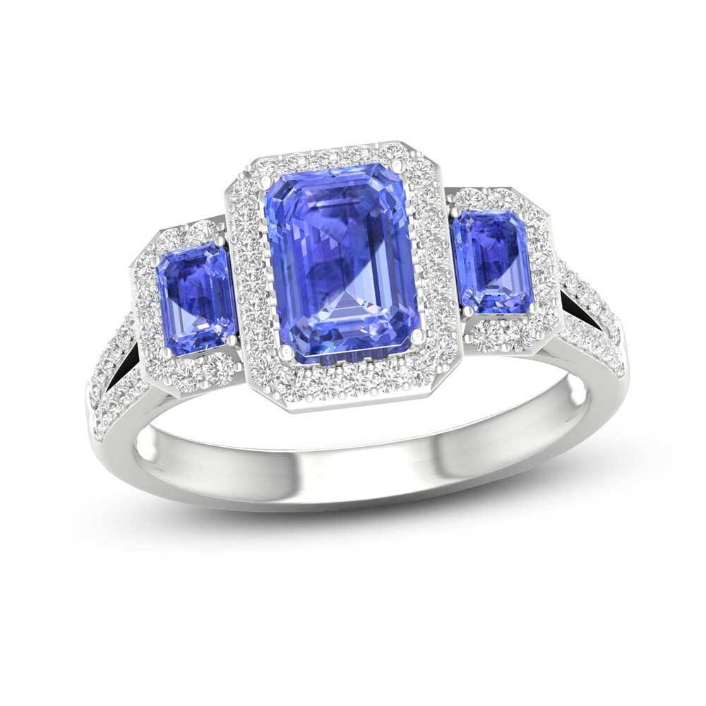 Natural Tanzanite 3-Stone Engagement Ring 1/4 ct tw Round/Emerald 14K White Gold YVXuWxyi