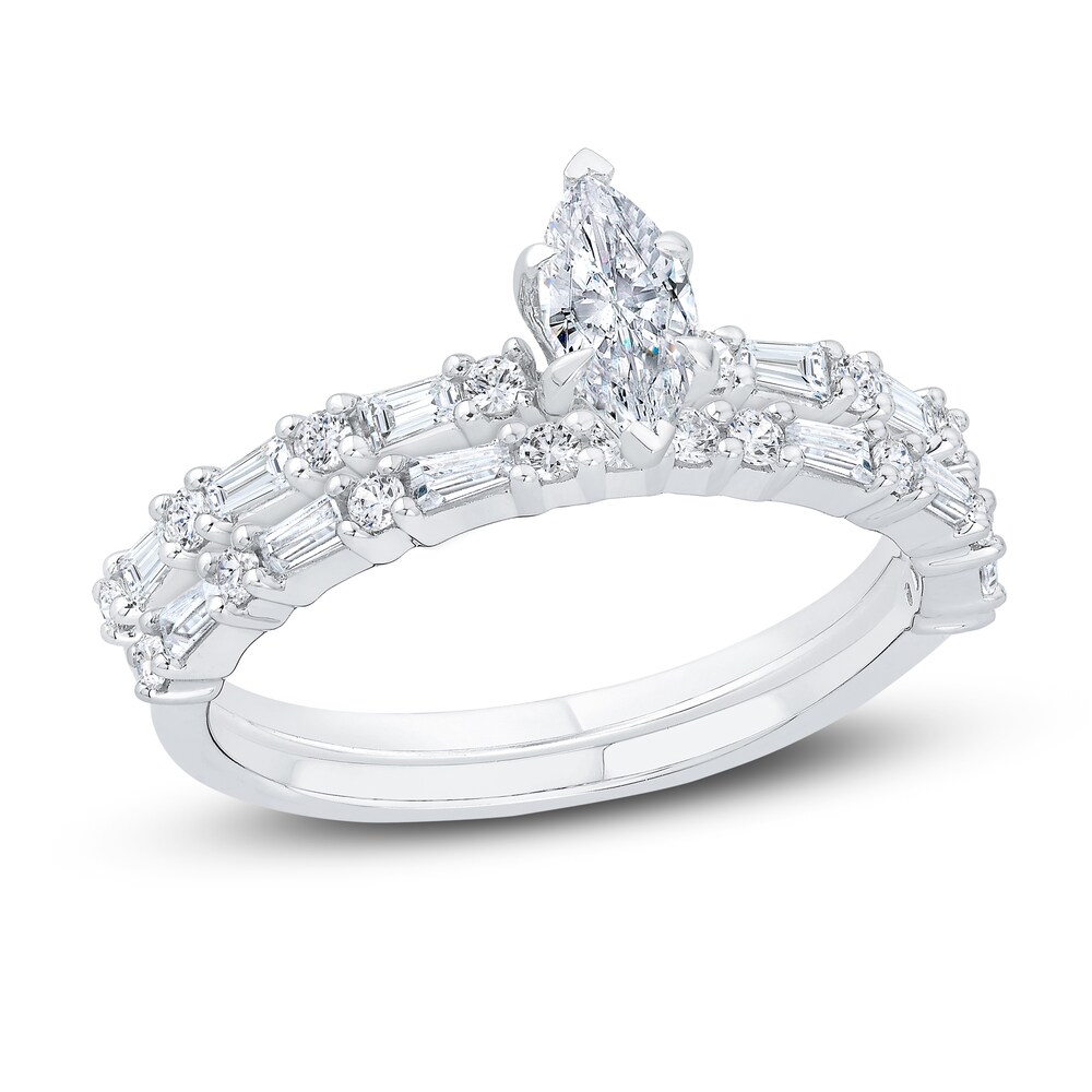 Diamond Engagement Ring 7/8 ct tw Marquise/Baguette /Round 14K White Gold aXBuhpbi