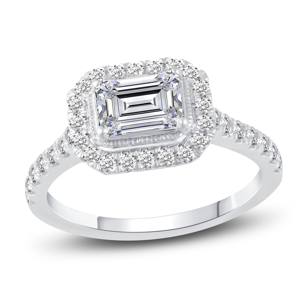 Diamond Halo Engagement Ring 1-1/8 ct tw Emerald/Round 14K White Gold bNwShI58