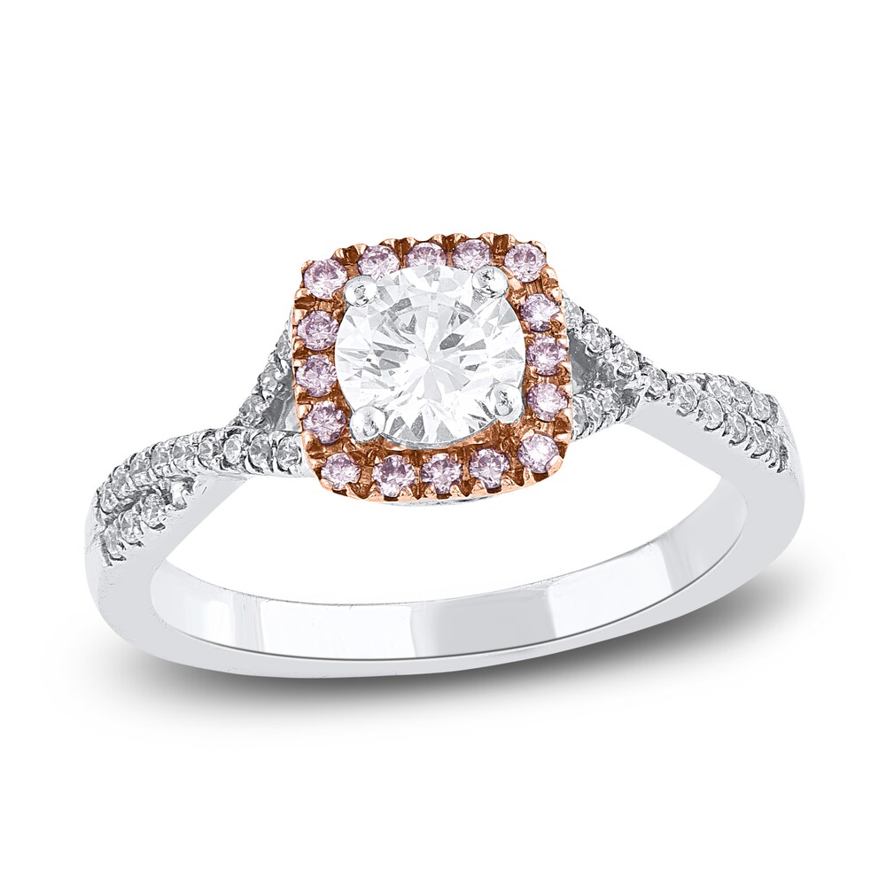 Natural Pink & White Diamond Engagement Ring 7/8 ct tw Round 14K Two-Tone Gold cg31ytKP