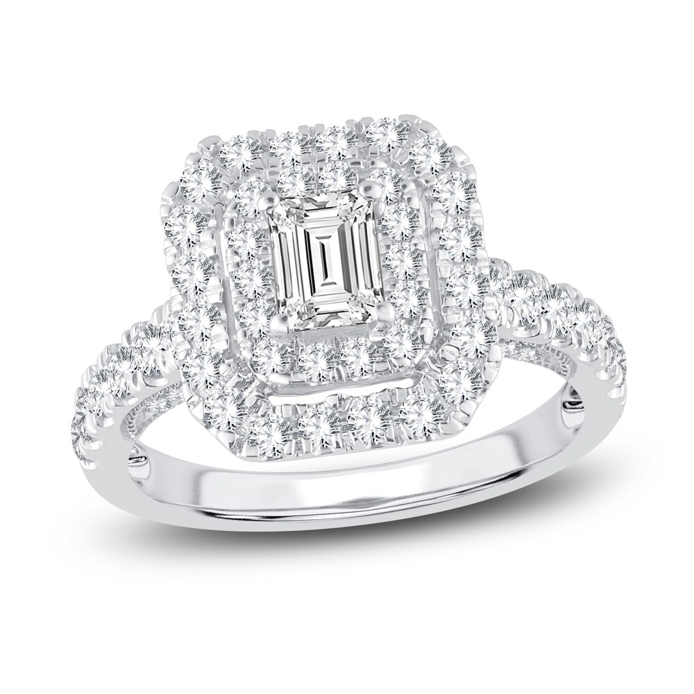 Diamond Double Halo Engagement Ring 1-1/2 ct tw Emerald/Round 14K White Gold dZ07agEl