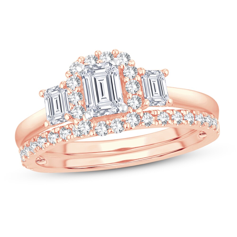 Diamond Bridal Set 1-1/5 ct tw Emerald/Round-cut 14K Rose Gold fpqhAjl1