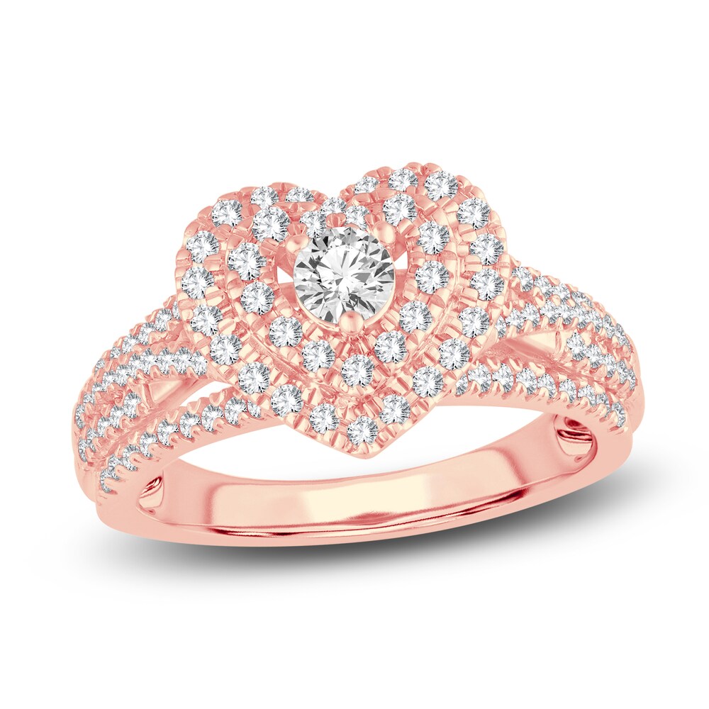 Diamond Double Halo Heart Ring 3/4 ct tw Round 14K Rose Gold fqoGTe5k