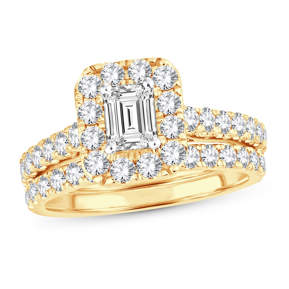 Diamond Bridal Set 2 ct tw Emerald/Round-cut 14K Yellow Gold gFvAvaWx