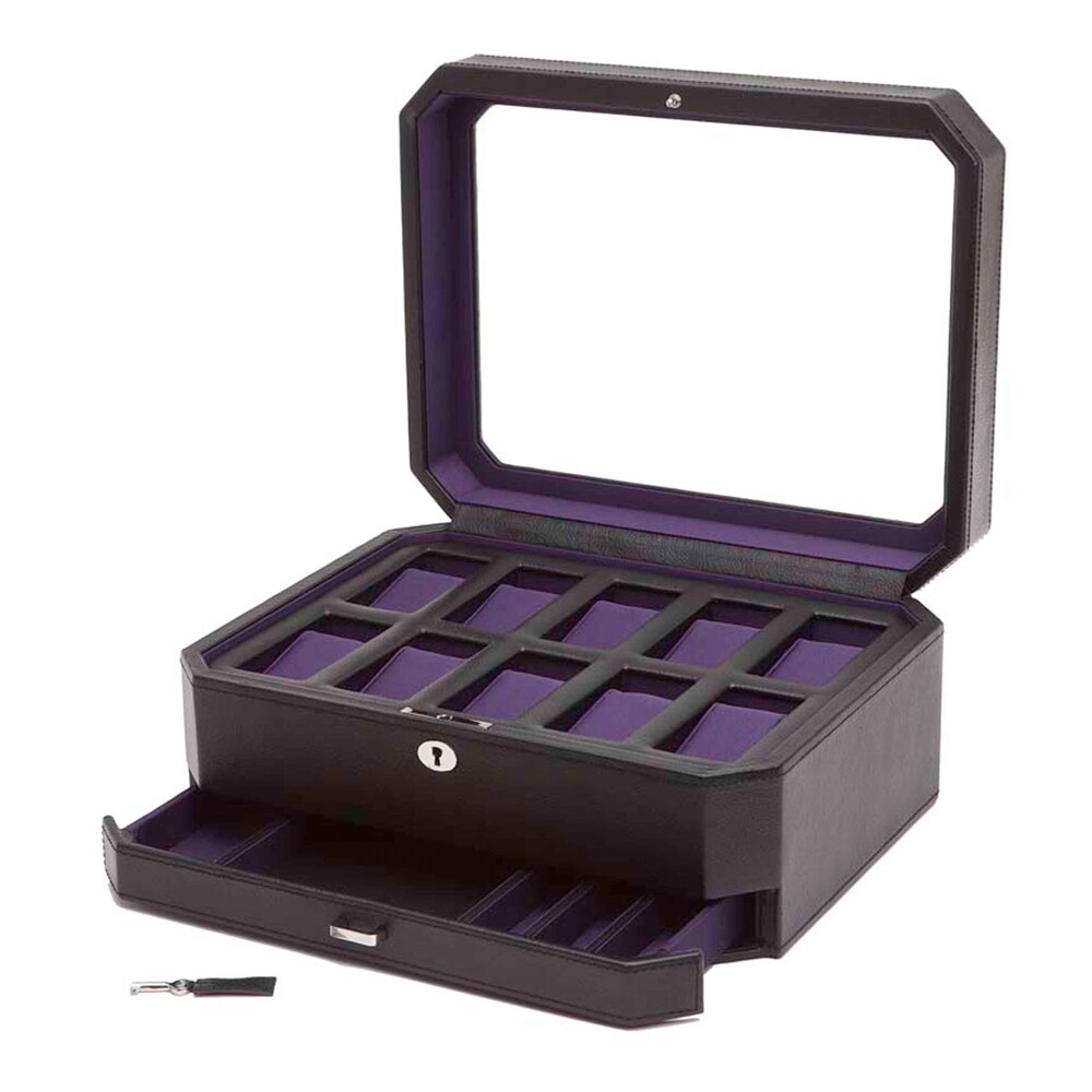WOLF Windsor 10 Piece Watch Box with Drawer Black Vegan Leather gJze3Lbu