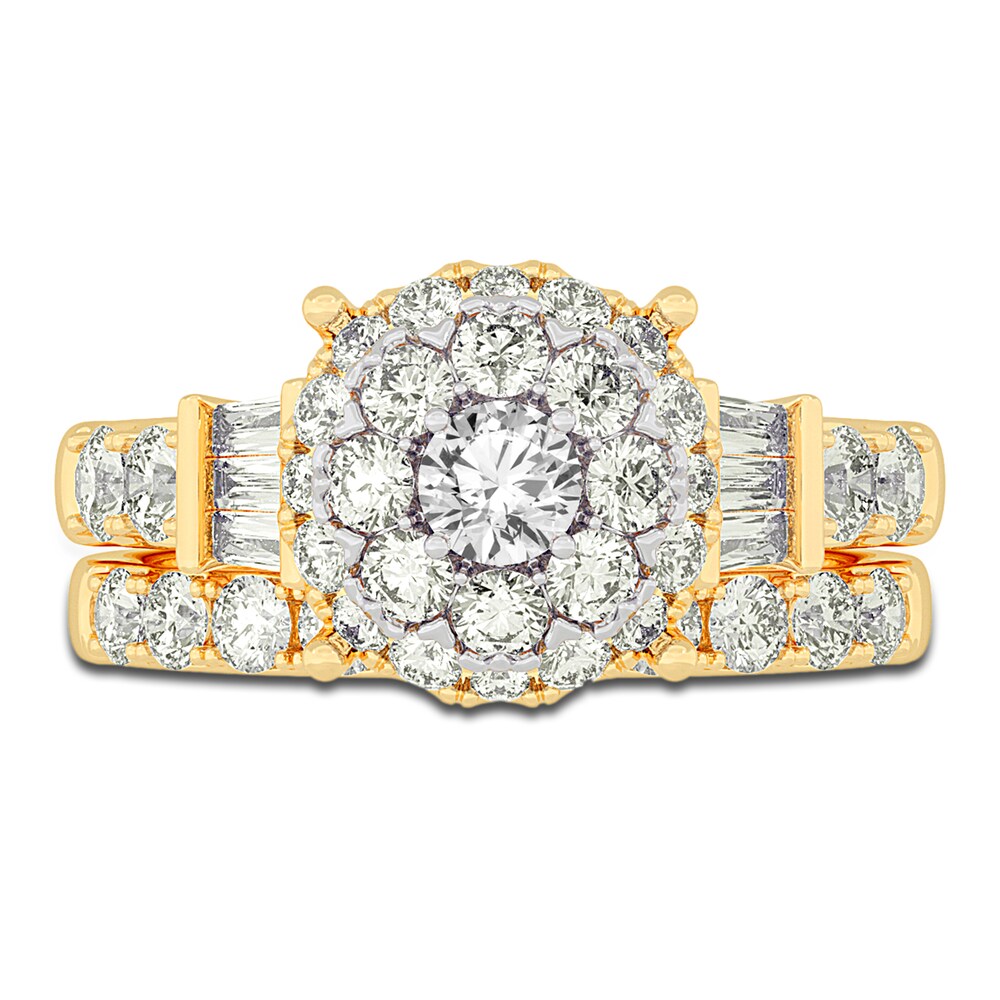 Diamond Halo Bridal Set 2 ct tw Round/Baguette 14K Yellow Gold gtBztw7d