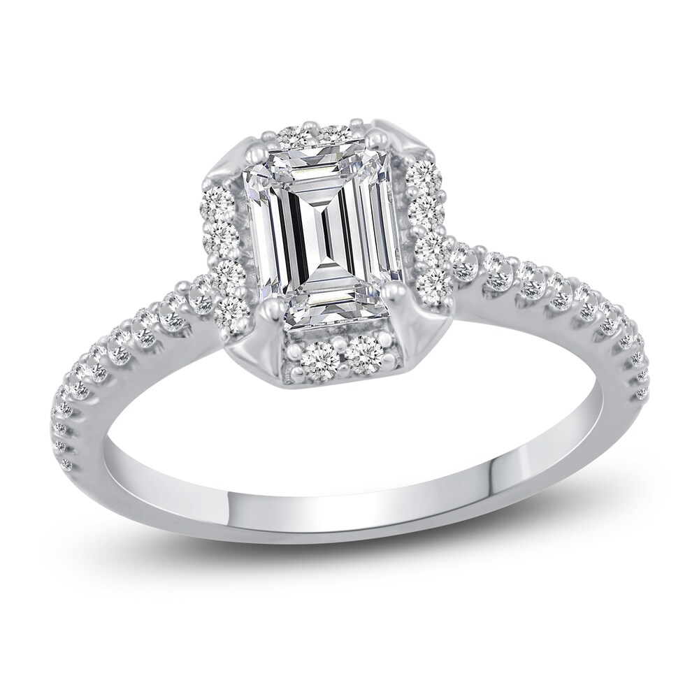 Diamond Halo Engagement Ring 7/8 ct tw Emerald/Round 14K White Gold hL3WnZmM