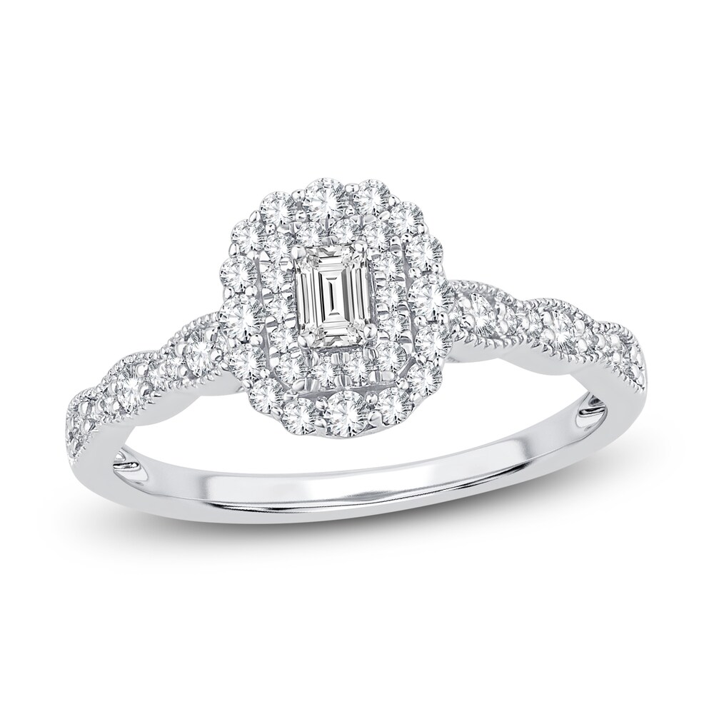 Diamond Engagement Ring 1/2 ct tw Emerald/Round 14K White Gold kMsGbj3h