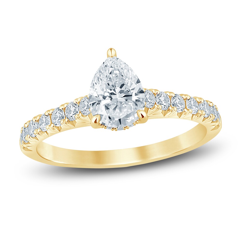 Diamond Hidden Halo Engagement Ring 1-1/2 ct tw Pear/Round 14K Yellow Gold lpSFBXls