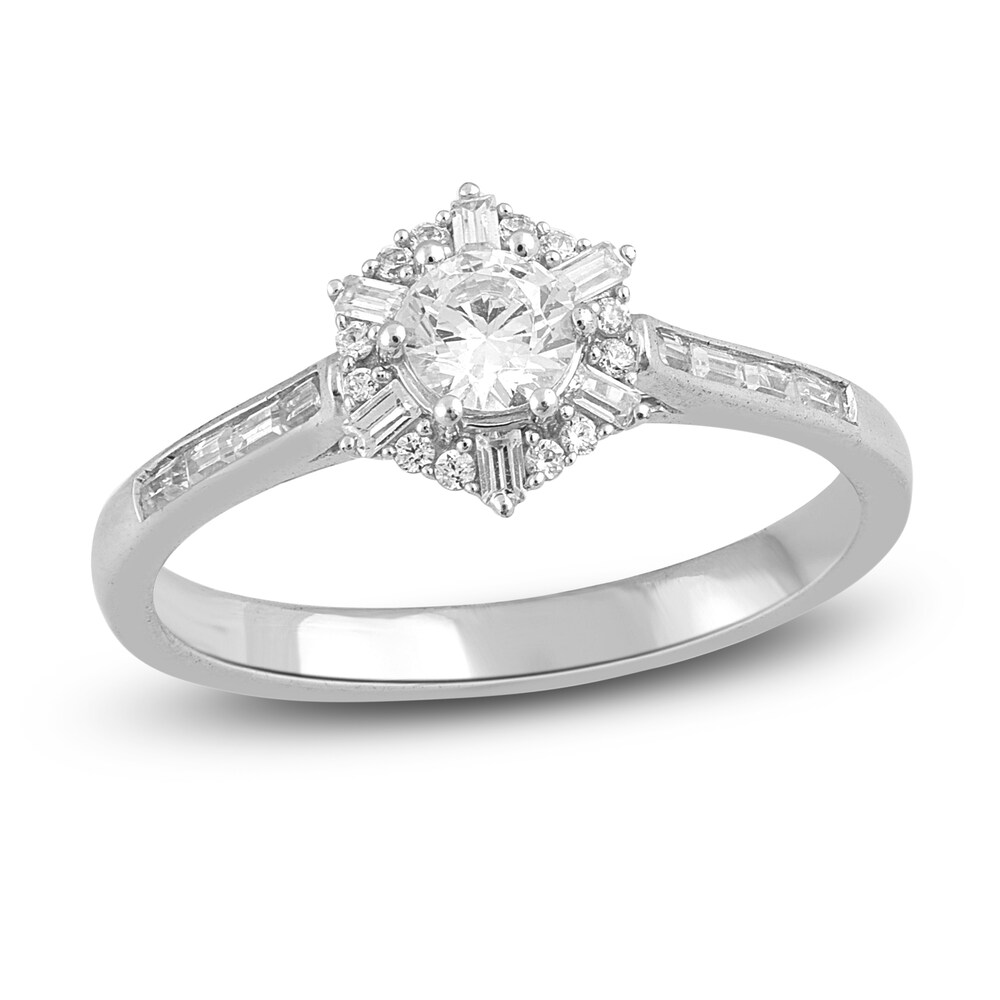 Diamond Engagement Ring 1/2 ct tw Round/Baguette 14K White Gold nq7rRYy8
