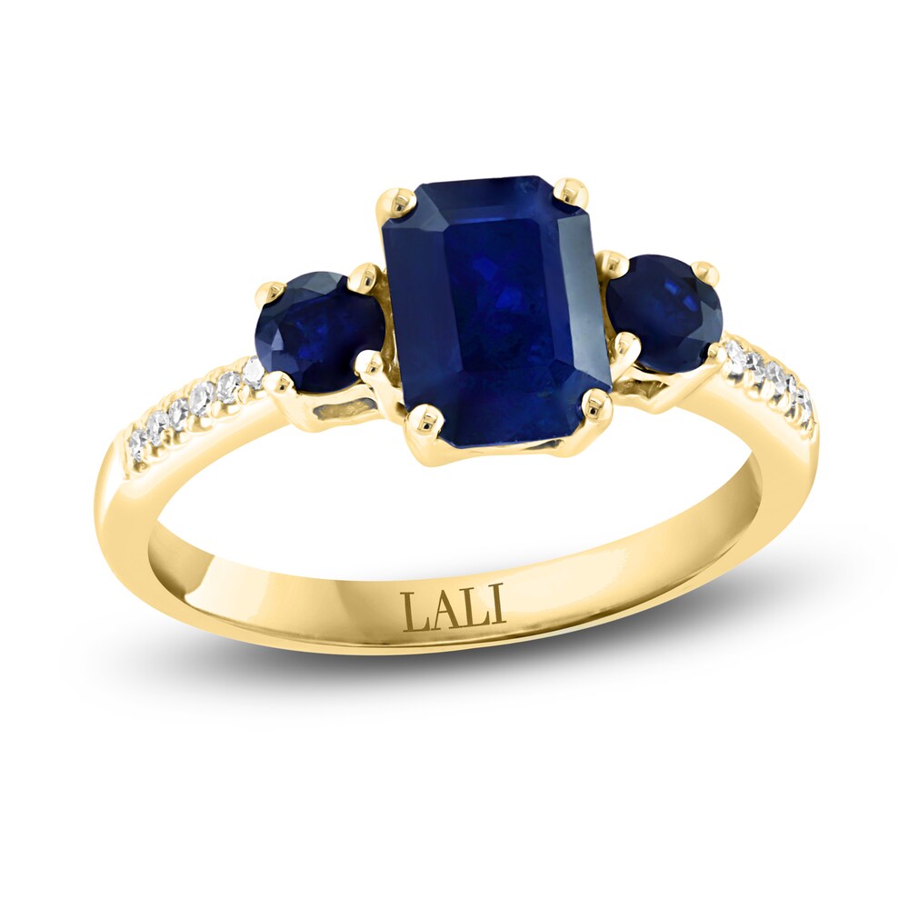 LALI Jewels Natural Blue Sapphire 3-Stone Engagement Ring 1/20 ct tw Diamonds 14K Yellow Gold oS3iPfi2