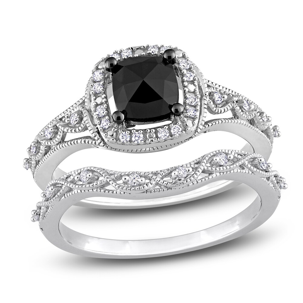 Black & White Diamond Bridal Set 1-1/5 ct tw Cushion/Round 14K White Gold pDYWczzx