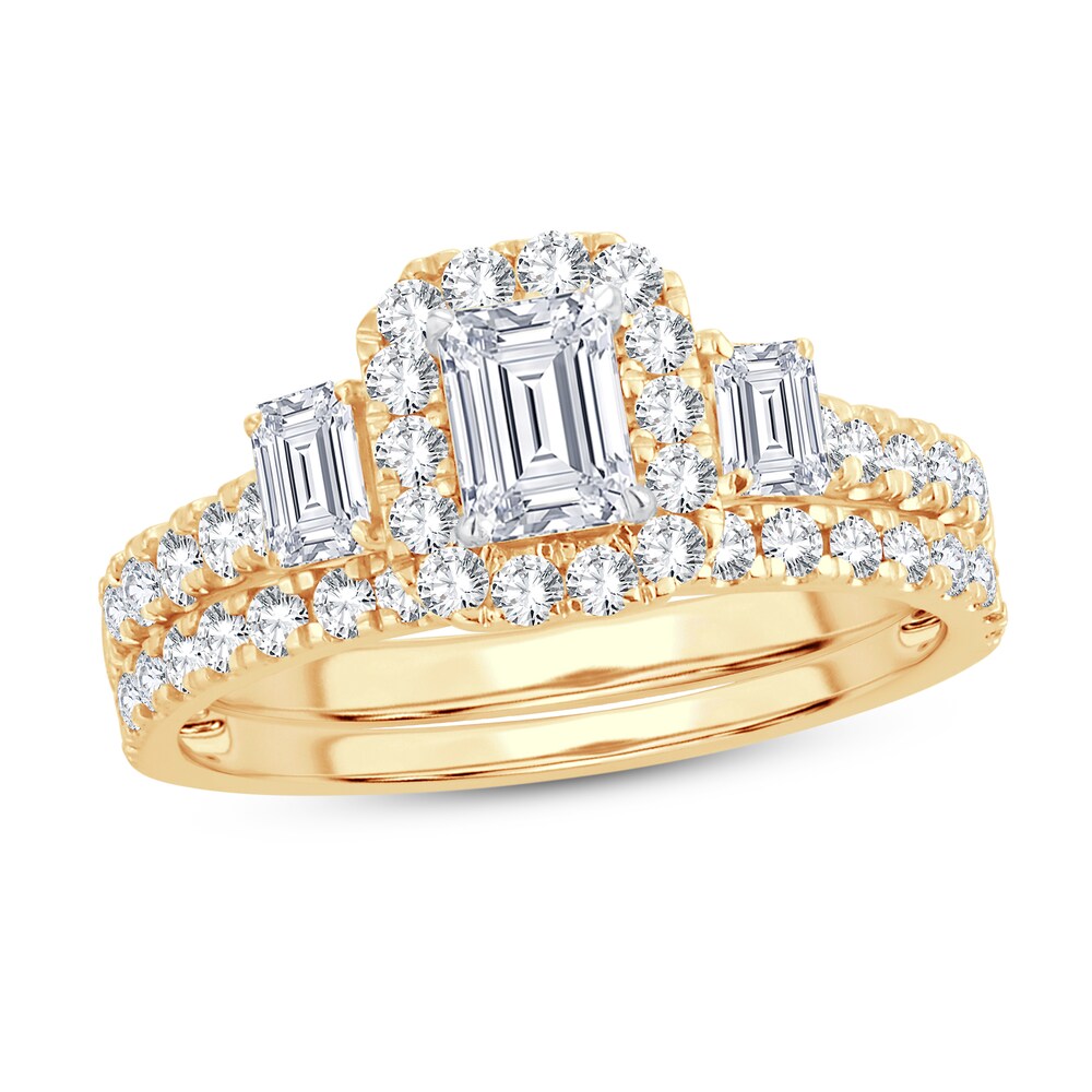 Diamond Bridal Set 1-1/2 ct tw Emerald/Round-cut 14K Yellow Gold qqeoxX2t