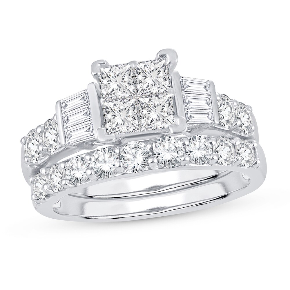 Diamond Bridal Set 2 ct tw Round/Princess/Baguette 14K White Gold r7pKx75x