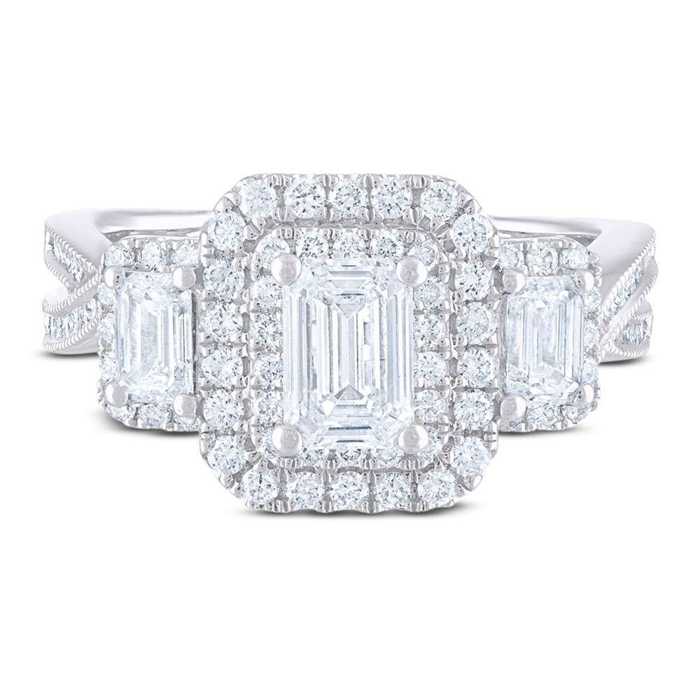 Diamond 3-Stone Engagement Ring 2 ct tw Emerald/Round 14K White Gold rPtrZyvY