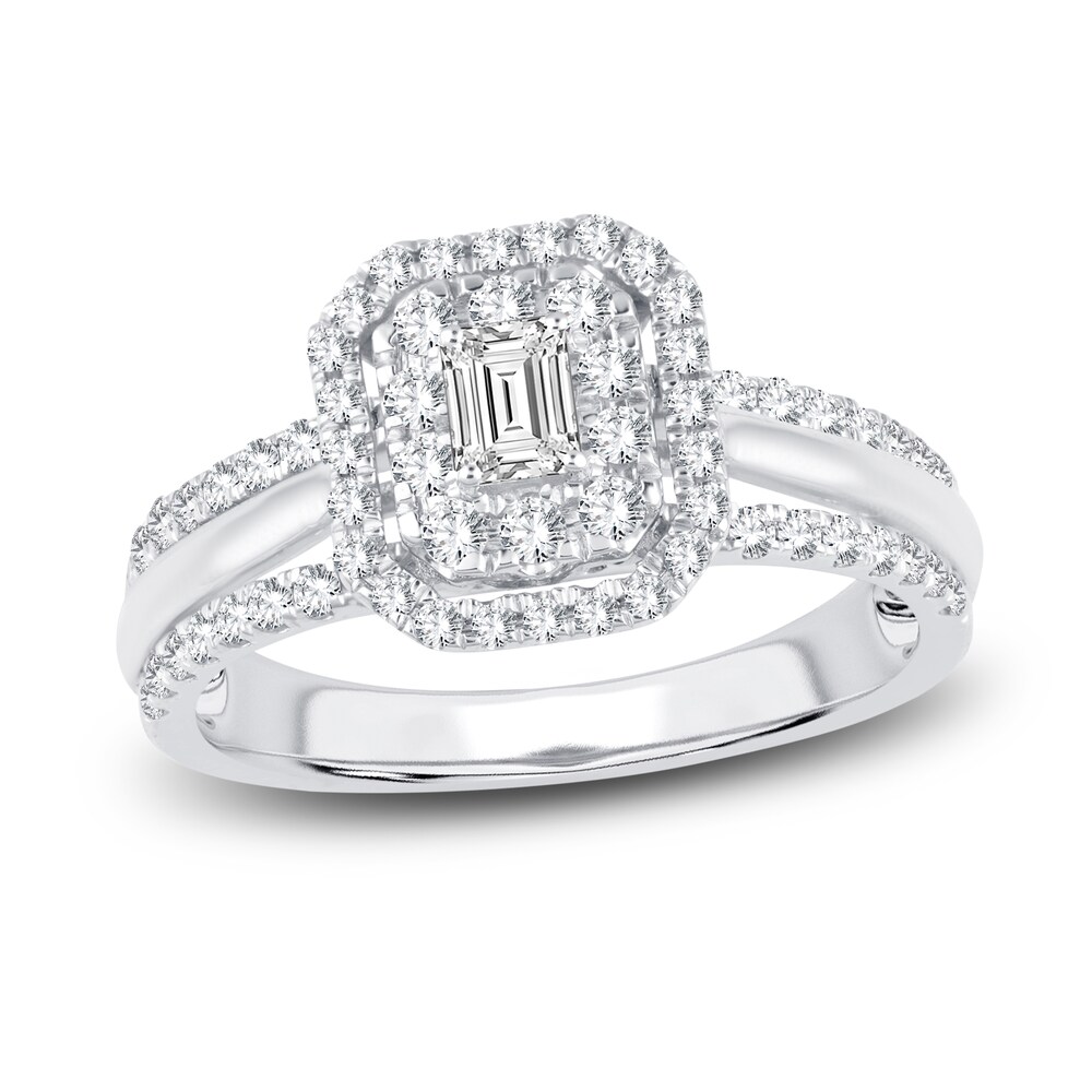 Diamond Double Halo Engagement Ring 3/4 ct tw Emerald/Round 14K White Gold skh1LAaq