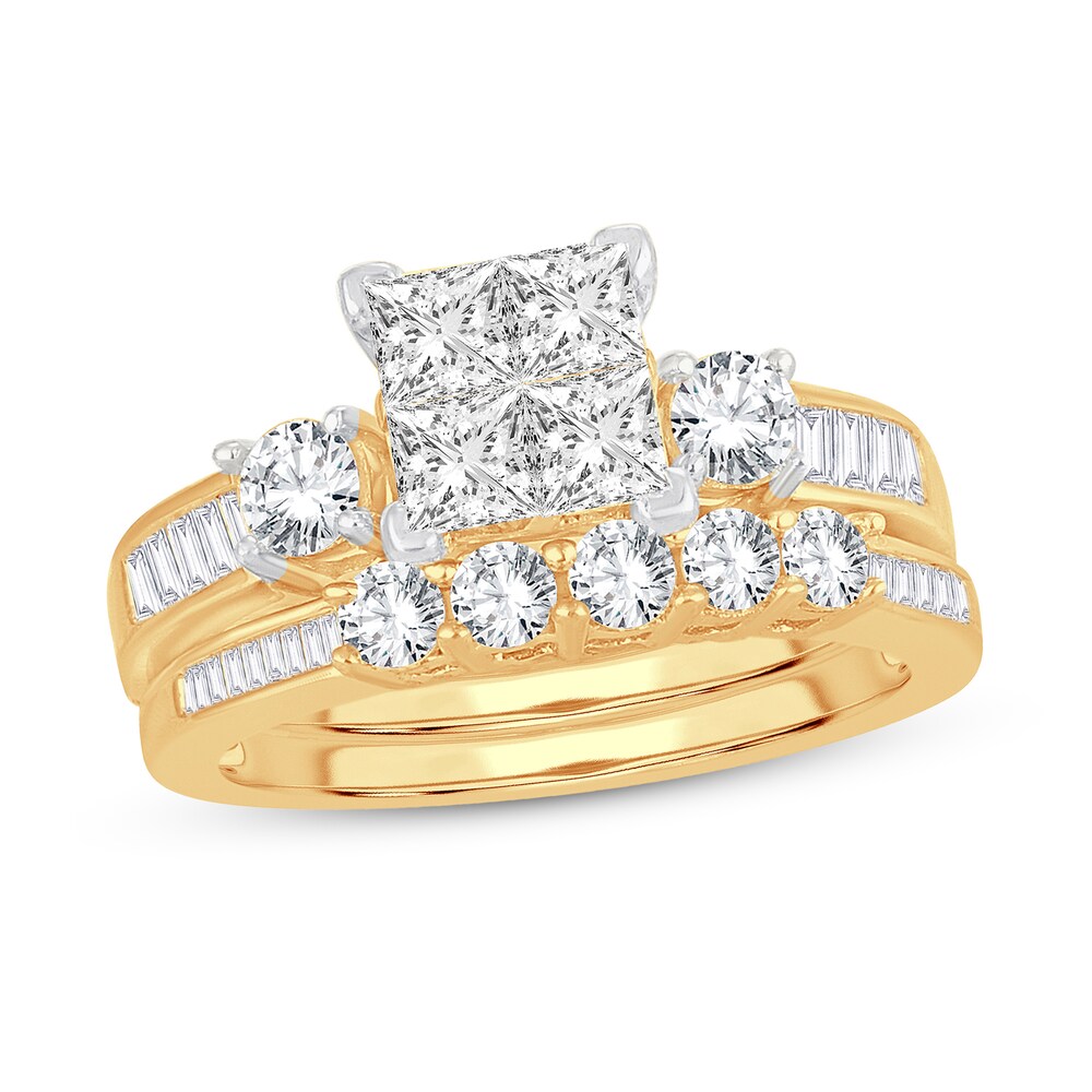 Diamond Bridal Set 1-1/2 ct tw Round/Princess/Baguette 14K Yellow Gold v7x6MxEO