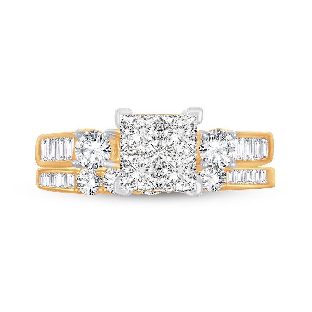 Diamond Bridal Set 1-1/2 ct tw Round/Princess/Baguette 14K Yellow Gold v7x6MxEO