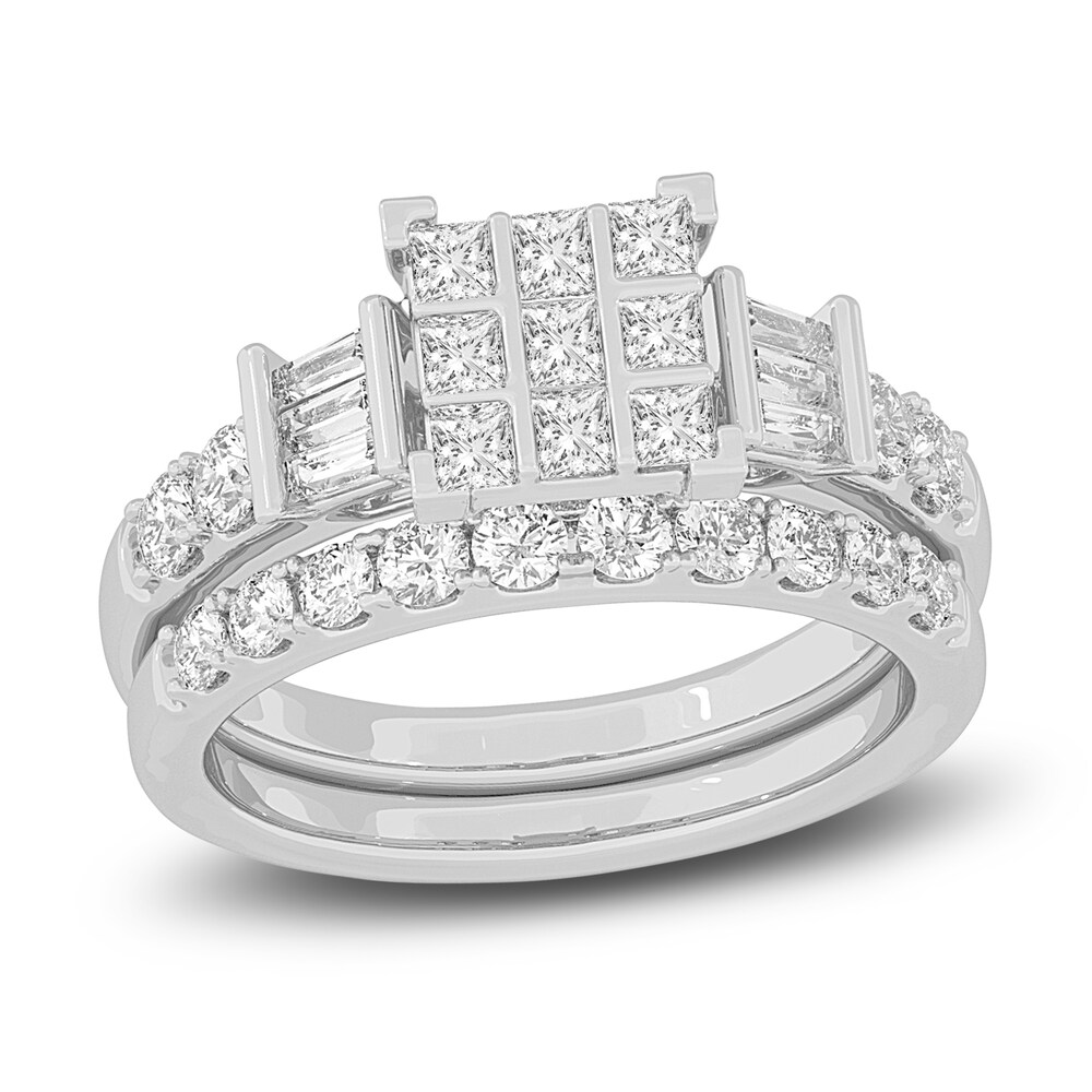 Diamond Bridal Set 1-1/2 ct tw Princess/Baguette/ Round 14K White Gold w2KTnT7U