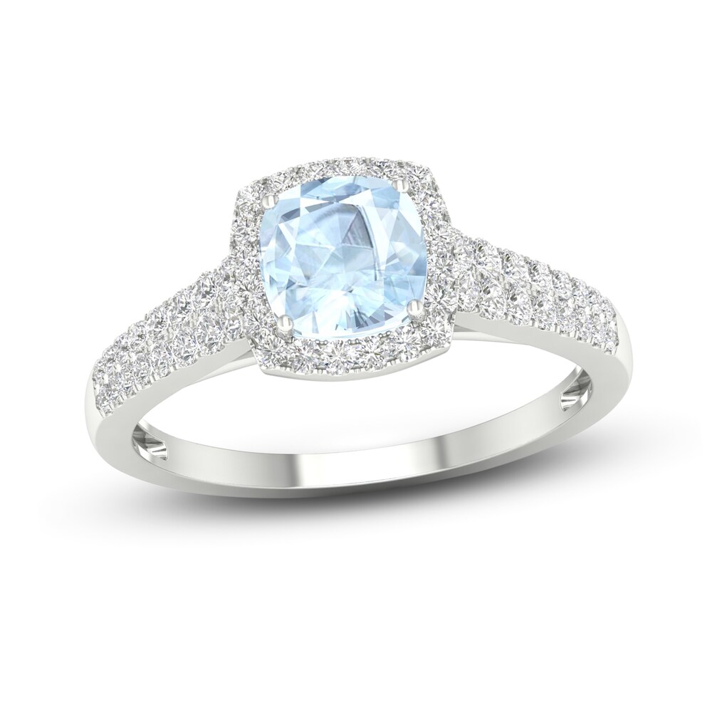 Natural Aquamarine Engagement Ring 1/3 ct tw Round/Cushion 14K White Gold wrPIi2iu