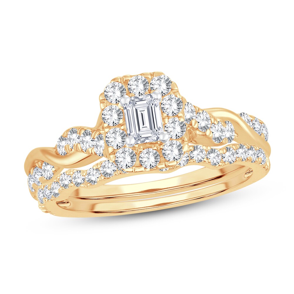 Diamond Bridal Set 1 ct tw Emerald/Round-cut 14K Yellow Gold xXOCOOds